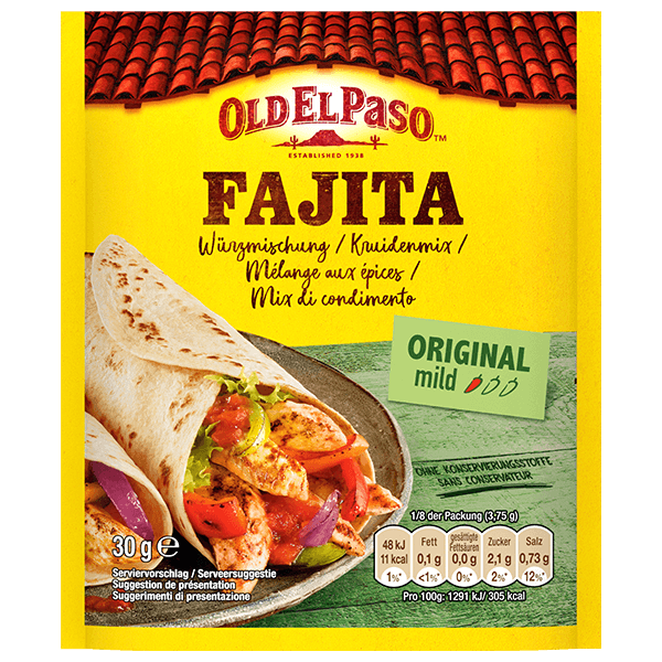 eine Packung Old El Paso Original Mild Fajita Gewürzmischung, 30 g