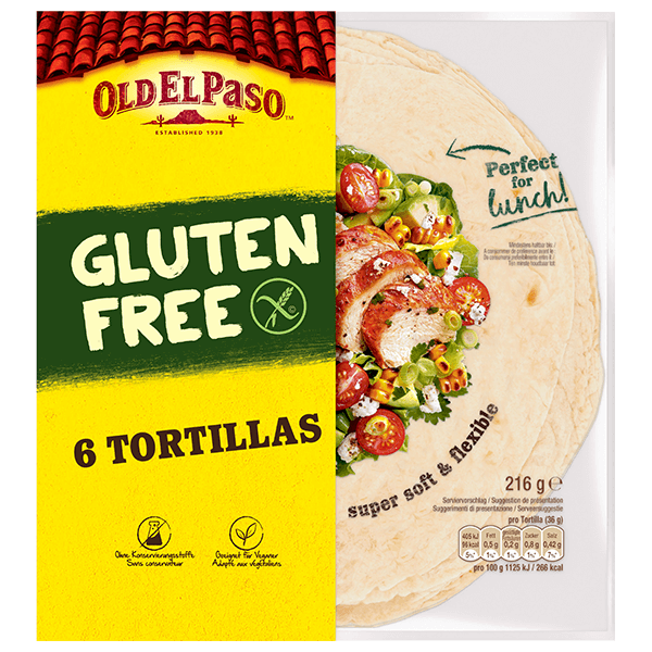 eine Packung mit 6 glutenfreien Old El Paso Tortillas, 216 g